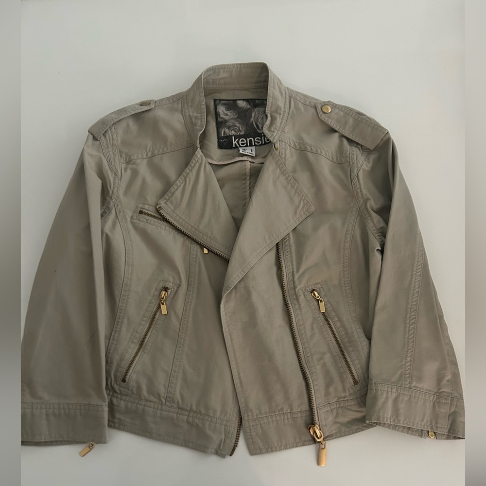 Kensie Light Taupe Beige Utility Moto Jacket with Gold Hardware